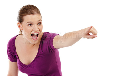 Buy stock photo Woman, pointing or surprised in studio with wow for shock, advertising or target for career. Female model, happiness or white background and excited for information or announcement, contact us in USA