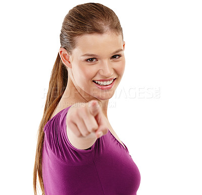 Buy stock photo Woman, portrait and pointing for offer in studio, option and selection on white background. Excited female person, direction and smile for opportunity or decision, gesture and mockup space for pick