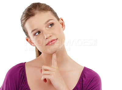 Buy stock photo Girl, thinking and studio or touching chin with idea on white background, isolated and teenager. Memory, expression and thoughtful in plan, choice and contemplate or pensive, uncertain and dilemma