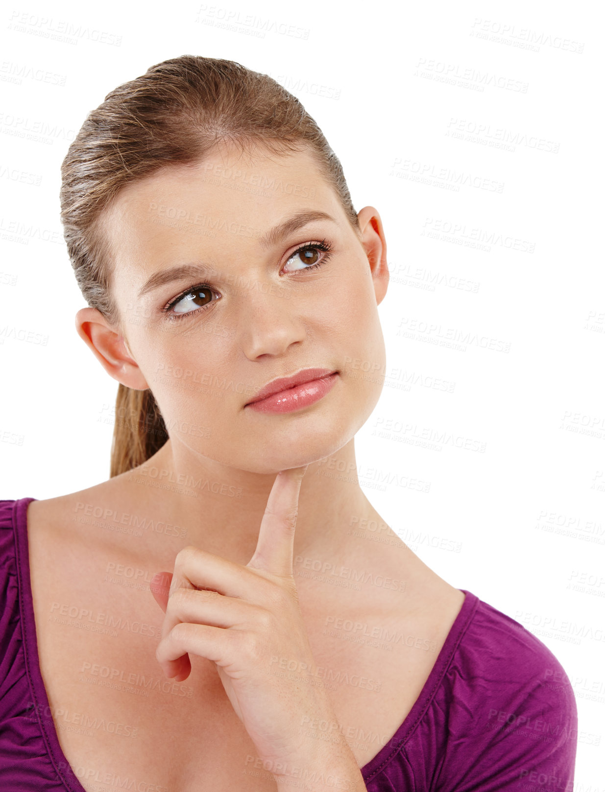 Buy stock photo Studio, thinking and girl contemplating decision, planning ideas and problem solving solution. Female teenager, pensive and thoughtful by white background, question or strategy for answer or choice