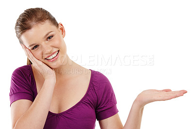 Buy stock photo Happy, portrait and girl with hand space in studio for makeup, review or wellness results on white background. Mockup, face and gen z model with empty palm for skincare, information and promotion