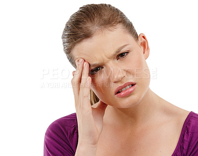 Buy stock photo Stress, headache and portrait of woman in studio with anxiety, vertigo or overwhelmed on white background. Brain fog, crisis or model frustrated by temple pain, regret or mistake, trauma or disaster