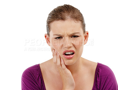 Buy stock photo Dental, portrait or woman with toothache in studio frustrated by gum, problem or sensitive teeth on white background. Bad breath, face or angry female model with jaw injury, cavity or bacteria crisis
