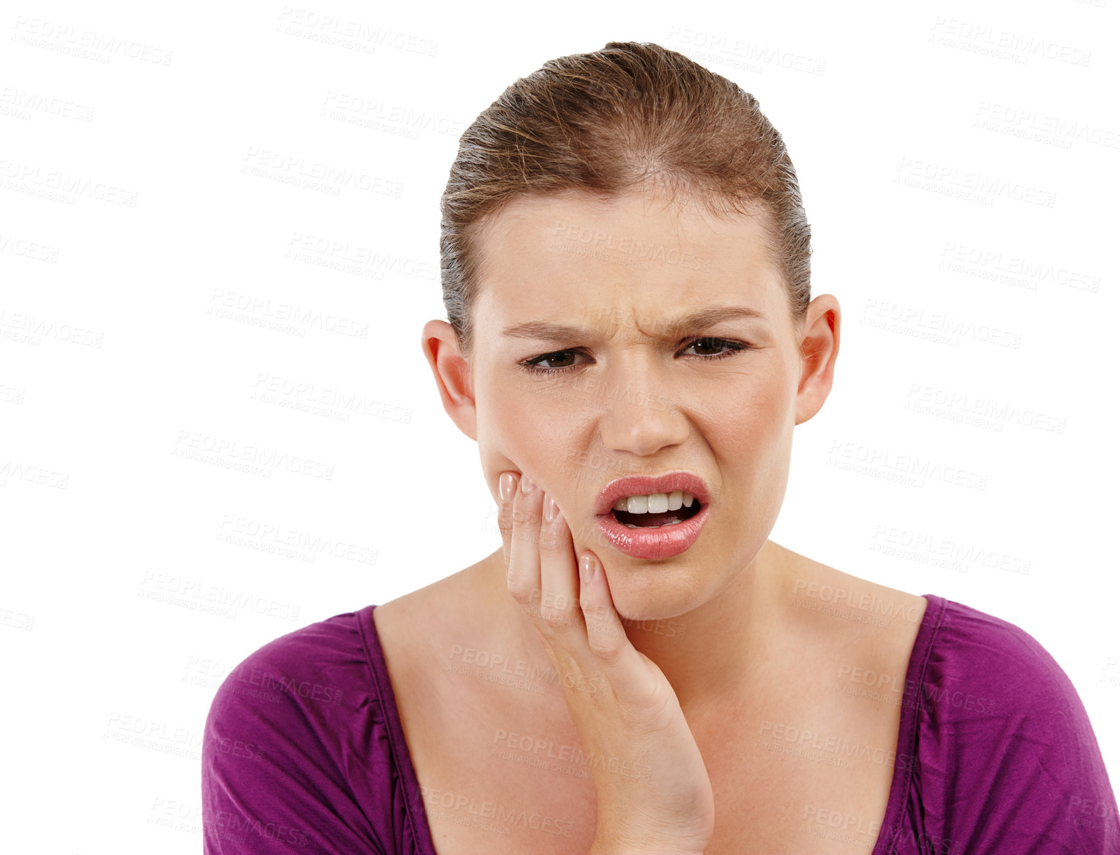 Buy stock photo Dental, portrait or woman with toothache in studio frustrated by gum, problem or sensitive teeth on white background. Bad breath, face or angry female model with jaw injury, cavity or bacteria crisis