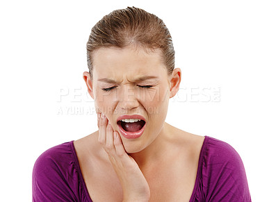 Buy stock photo Dental, mouth or woman with toothache in studio frustrated by gum, problem or sensitive teeth on white background. Bad breath, face or angry female model with jaw injury, cavity or bacteria crisis
