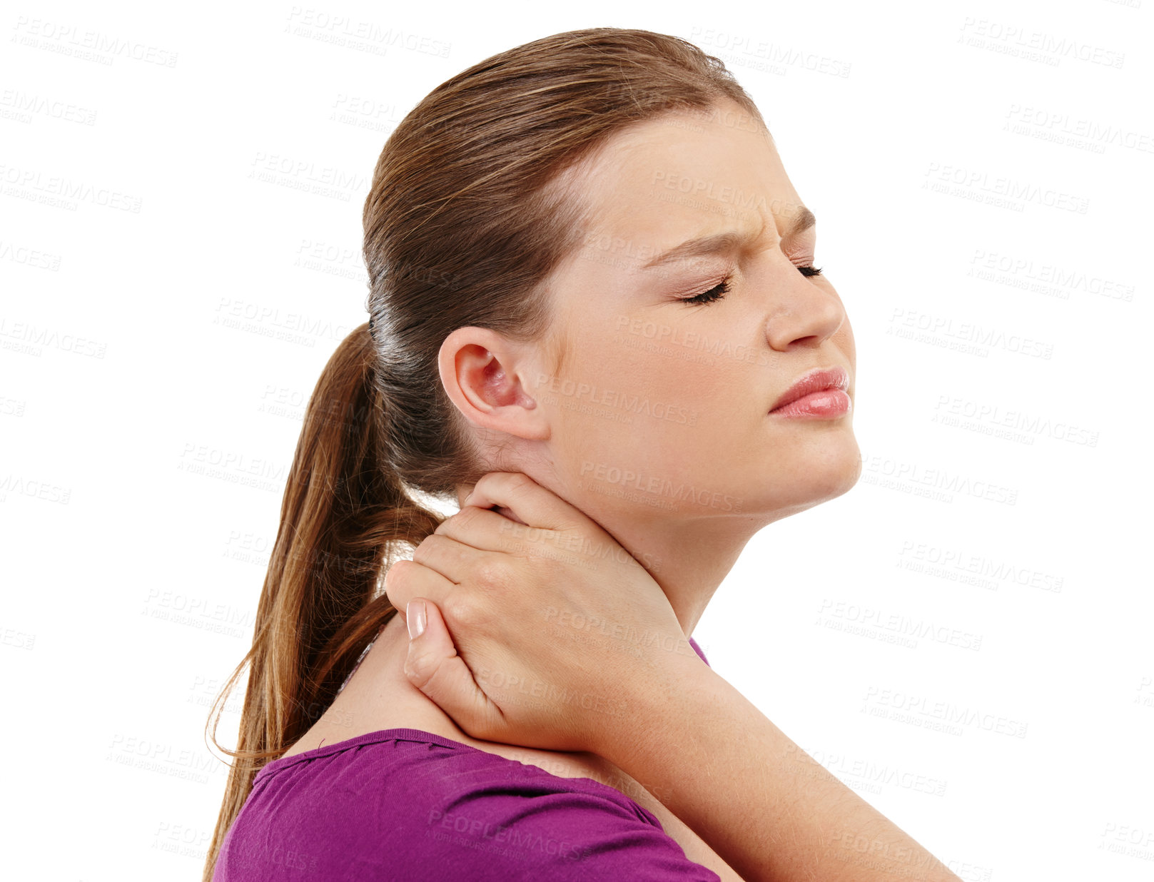 Buy stock photo Neck pain, stress and woman in studio with bone crisis, muscle or posture disaster on white background. Backache, tension or female model frustrated by shoulder injury, burnout or anatomy emergency