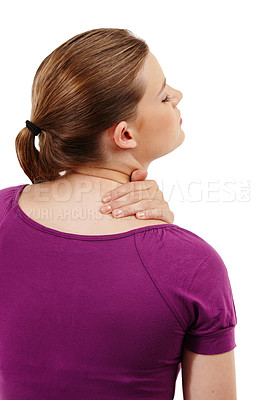 Buy stock photo Neck pain, stress and girl in studio with anatomy, emergency and joint inflammation on white background. Shoulder, injury or gen z student with  burnout risk, muscle or bone crisis, ache and disaster