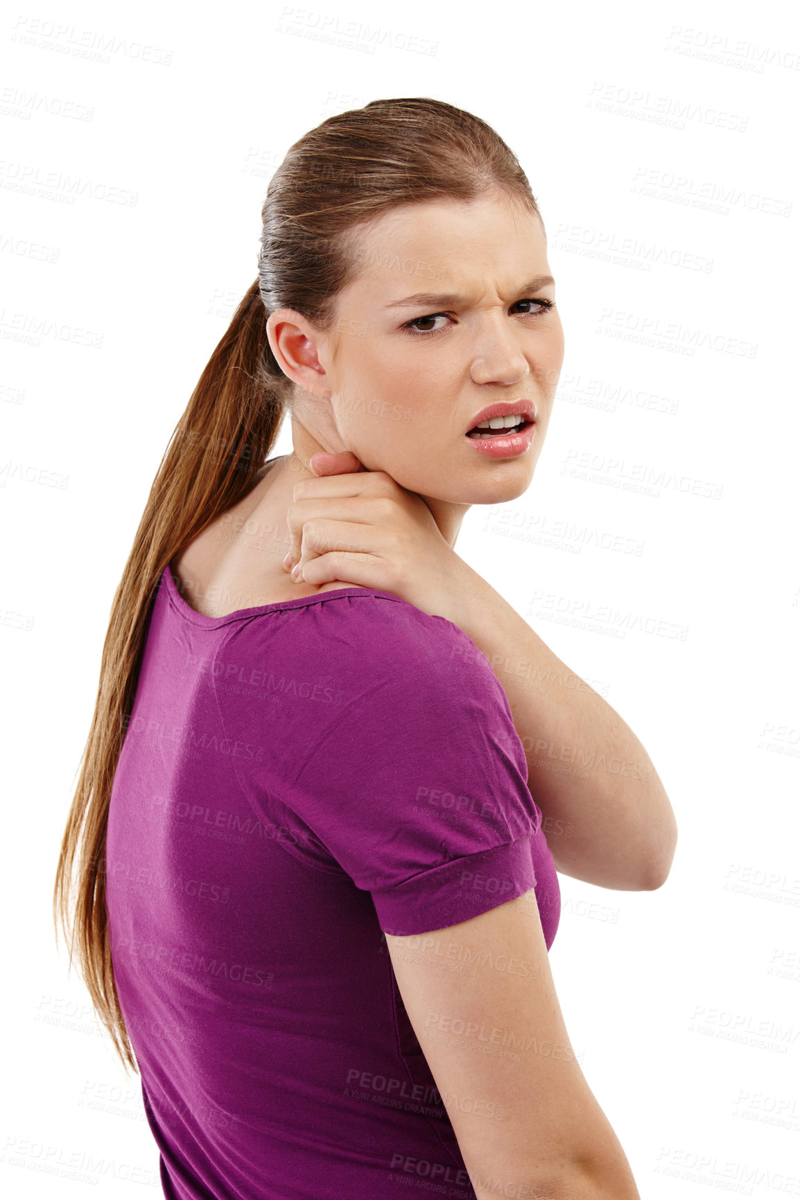 Buy stock photo Neck pain, stress and portrait of girl in studio with anatomy, emergency or inflammation on white background. Shoulder, injury or gen z student with  burnout risk, muscle or bone crisis and disaster