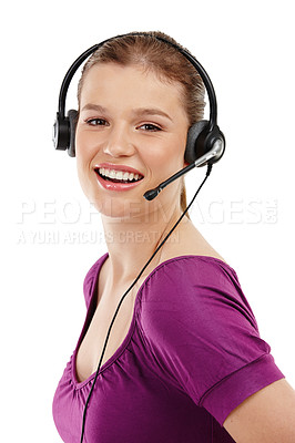 Buy stock photo Call center, portrait and woman consulting in studio for customer support, crm or faq on white background. Contact us, telemarketing and lead generation consultant with friendly virtual assistance