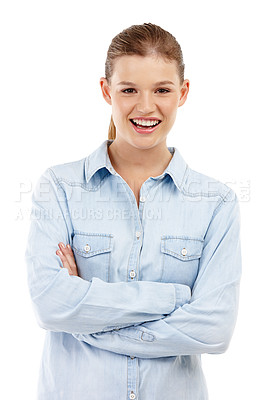 Buy stock photo Woman, arms crossed and smiling in studio portrait for confidence, style and fashion in smart casual shirt. Girl, happy and relaxed on white background for work clothes and professional outfit