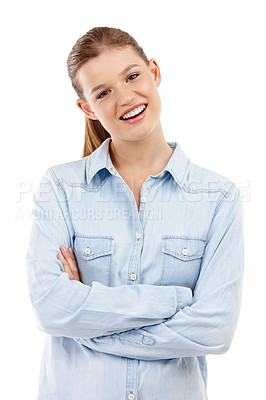 Buy stock photo Girl, arms crossed and smiling in studio portrait for confidence, style and fashion in smart casual shirt. Female person, happy and relaxed on white background for work clothes or professional wear