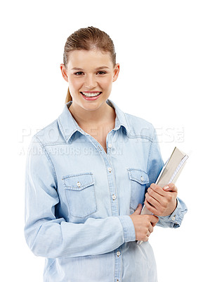 Buy stock photo Studio portrait of a pretty teenage girl carrying her school books
