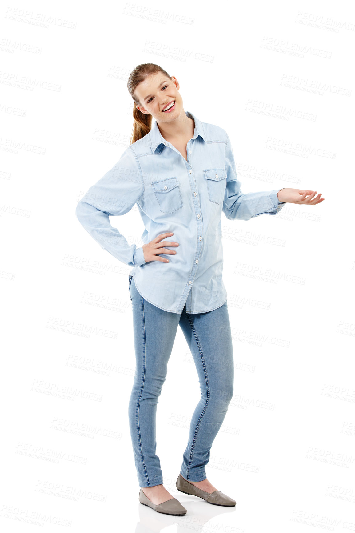 Buy stock photo Presentation, hand and portrait of young woman in studio for information, announcement or offer with mockup. Show, gesture and gen z model for instructions, review or feedback with white background