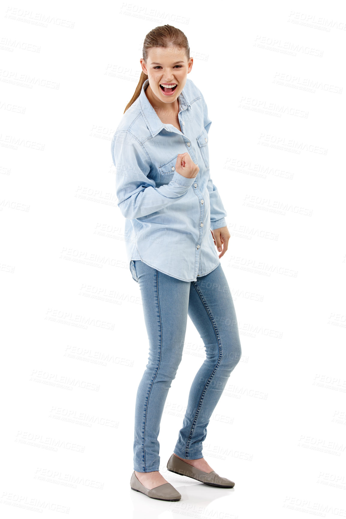 Buy stock photo Girl, success and wow in studio portrait for news, results or announcement of college opportunity and admission. Excited student or model with fist, power and study celebration on a white background