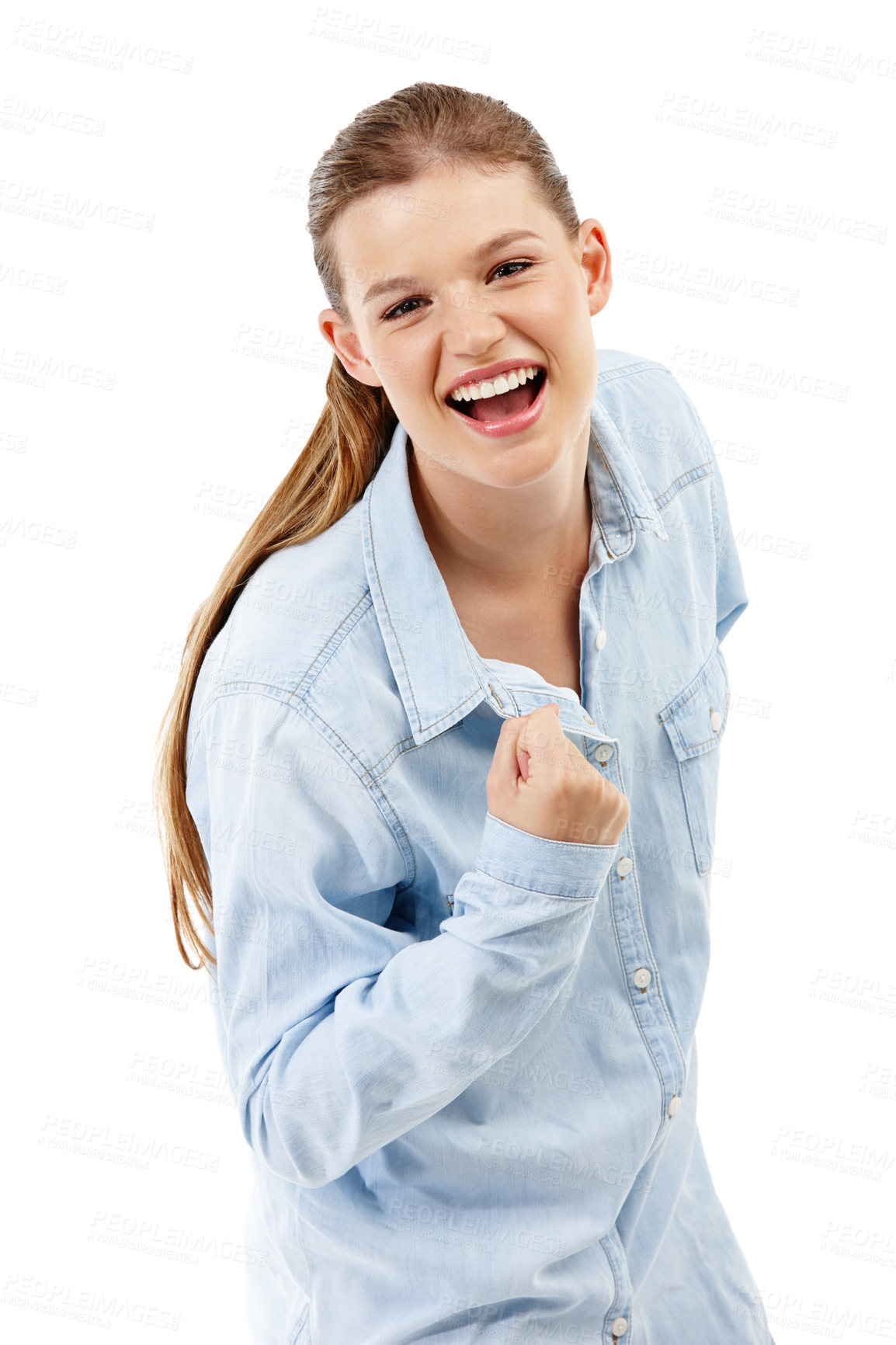 Buy stock photo Girl, success and yes in studio portrait for news, results or announcement of college opportunity and admission. Excited student or model with fist, power and study celebration on a white background