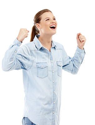 Buy stock photo Girl, celebration and yes in studio for news, results or announcement of college or scholarship opportunity. Excited student with fist, wow and success or winning in competition on white background