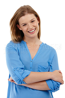 Buy stock photo Woman, smile and studio with arms crossed in portrait with teenager in Germany for happiness or confidence. Style, inspiration and positive attitude isolated on white background with pride for youth