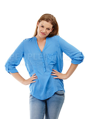 Buy stock photo Shy, introvert and woman for fashion in studio on white background with nervous or unsure in style. Awkward, female person and isolated student with outfit, casual and smart wear for university