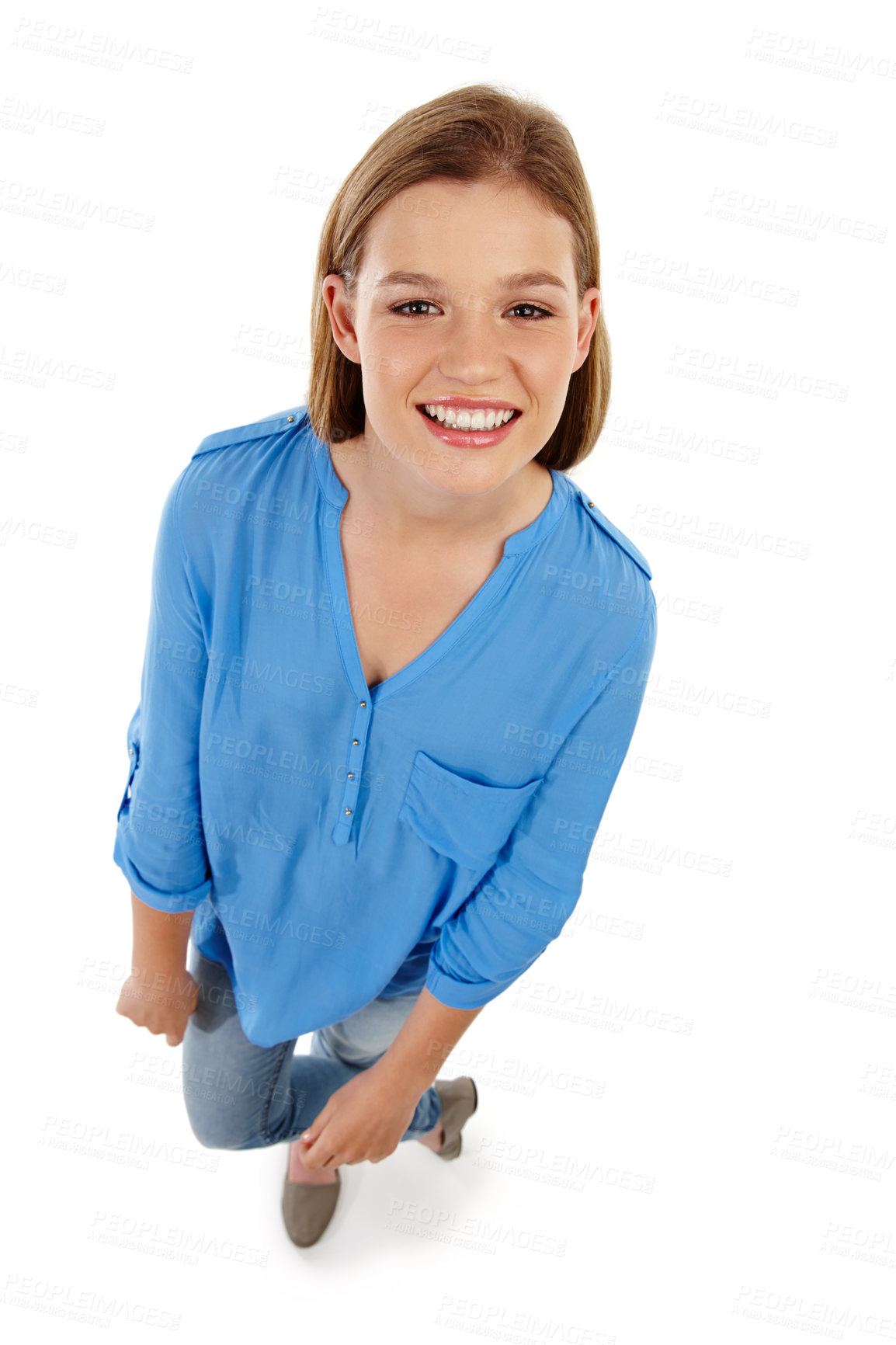 Buy stock photo Woman, fashion and happy with confidence in studio on white background with casual, style and student. Female person, above and portrait with smile for clothes or outfit, satisfied and comfortable