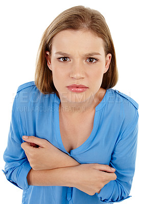 Buy stock photo Angry, portrait and girl in studio with arms crossed top view for mad, emotion and reaction to conflict on white background. Frustrated, face and gen z model annoyed with mistake, crisis or disaster