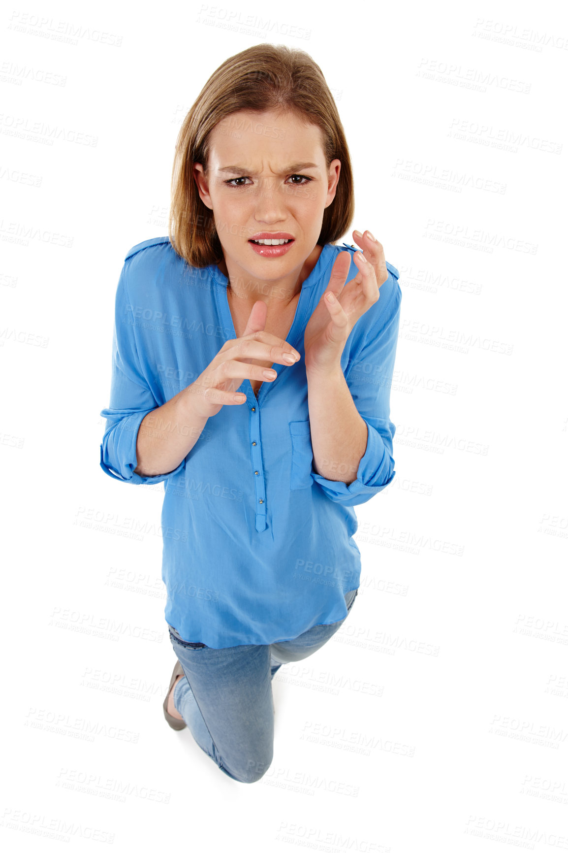 Buy stock photo Fear, portrait and girl in studio confused by mistake, trauma or top view reaction to unexpected conflict on white background. Panic, anxiety or face of gen z model scared of danger, warning or worry