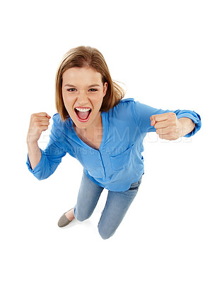 Buy stock photo Woman, celebration and yes in studio for news or announcement of competition, giveaway or sale. Portrait of excited winner in top view with fist, wow and success or winning on a white background