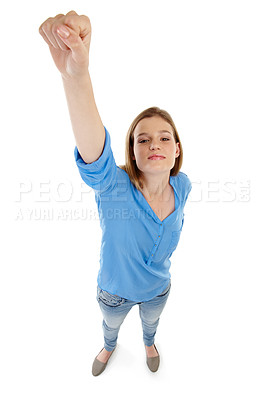 Buy stock photo Woman, fist and power or success in studio confidence, empower and superhero pose for learning energy. Portrait of student or winner in top view with yes, victory and soaring on a white background