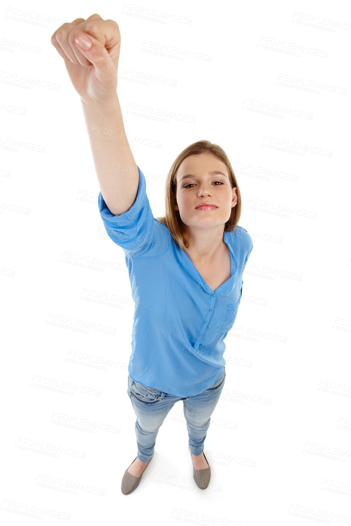 Buy stock photo Woman, fist and power or success in studio confidence, empower and superhero pose for learning energy. Portrait of student or winner in top view with yes, victory and soaring on a white background