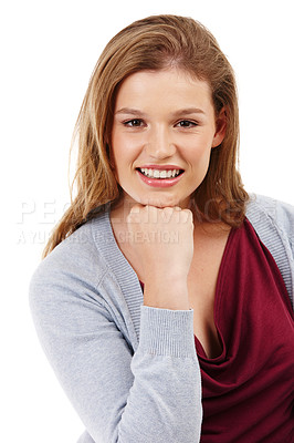 Buy stock photo Happy woman, portrait and confidence with fashion in ambition or positive mindset on a white studio background. Face of young female person with smile or hand on chin for style, beauty or makeup