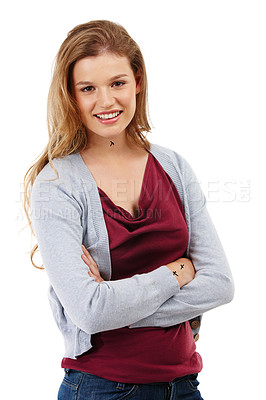 Buy stock photo Portrait, happy and girl with confidence in studio for fashion isolated on white background. Face, student and young woman with arms crossed in casual clothes, pride and style on backdrop in France