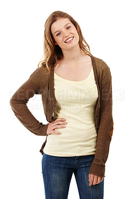 Buy stock photo Happy, woman and fashion in portrait with casual clothes for college outfit isolated in studio. Female person or student and smile for learning and education at university with white background