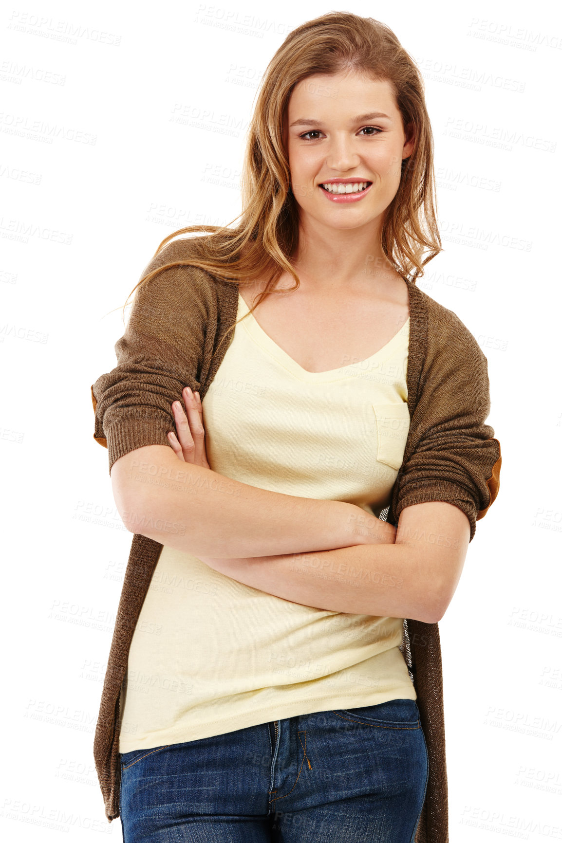 Buy stock photo Woman, arms crossed and smiling in studio portrait for confidence, style and fashion in casual sweater. Female person, happy and relaxed on white background for trendy clothes or edgy outfit