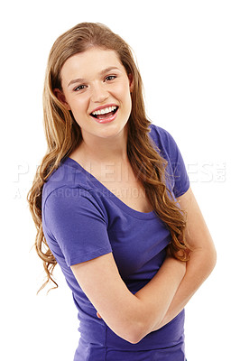 Buy stock photo Arms crossed, woman and smile in studio with portrait for gen z or beauty for happiness or confidence. Inspiration, style and positive attitude isolated on white background with pride for youth