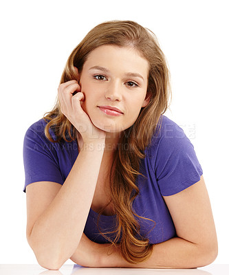 Buy stock photo Portrait, thinking and student girl in studio with hand on chin for daydreaming, idea or inspiration on college project. Casual, face and gen z model for contemplation, thought or white background