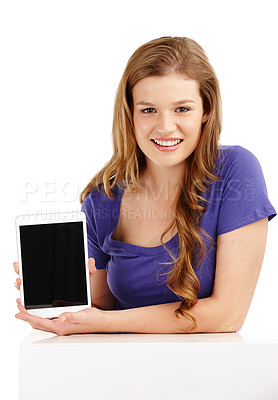 Buy stock photo Portrait, tablet screen or woman with mockup in studio for announcement, promotion or app menu on white background. Digital, space or face of gen z model show sign up offer, info or deal presentation