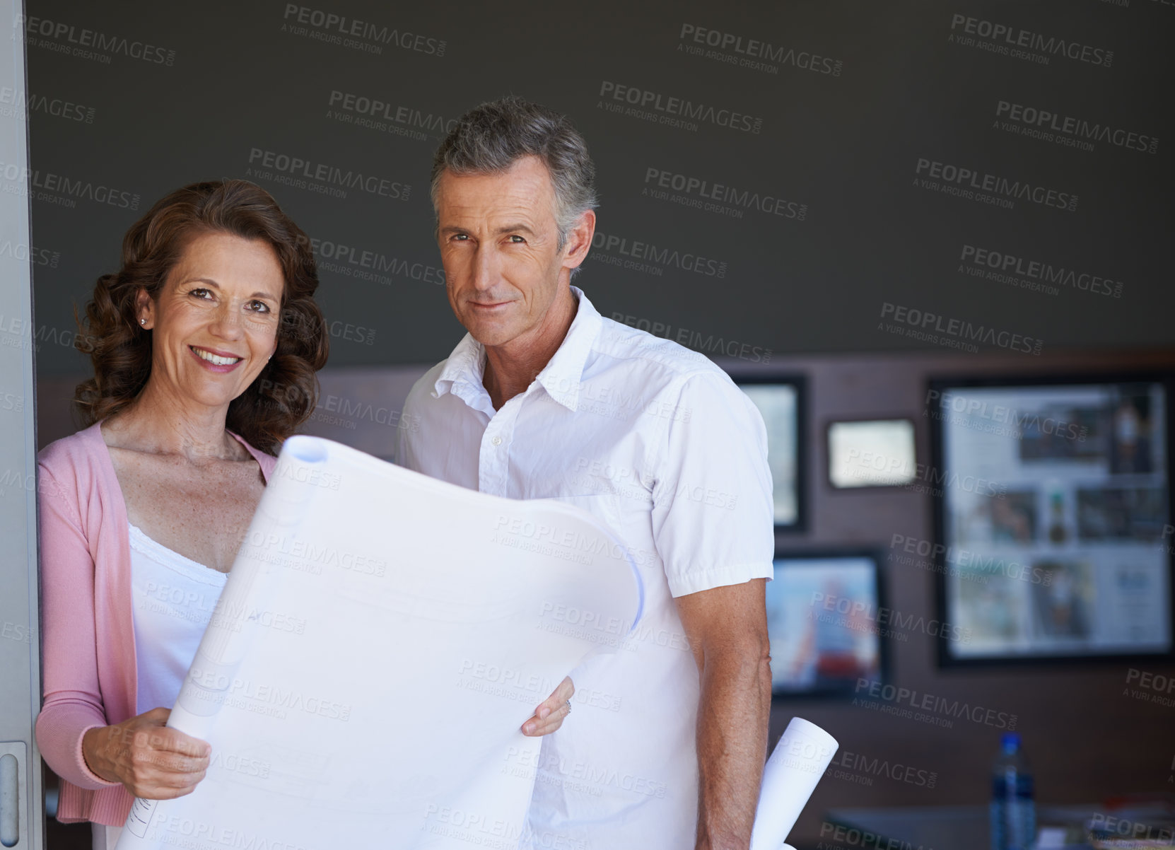 Buy stock photo Happy couple, portrait and documents with blueprint for interior design, renovation or maintenance at home. Mature man and woman with smile, paperwork or floor plan for new start or house improvement