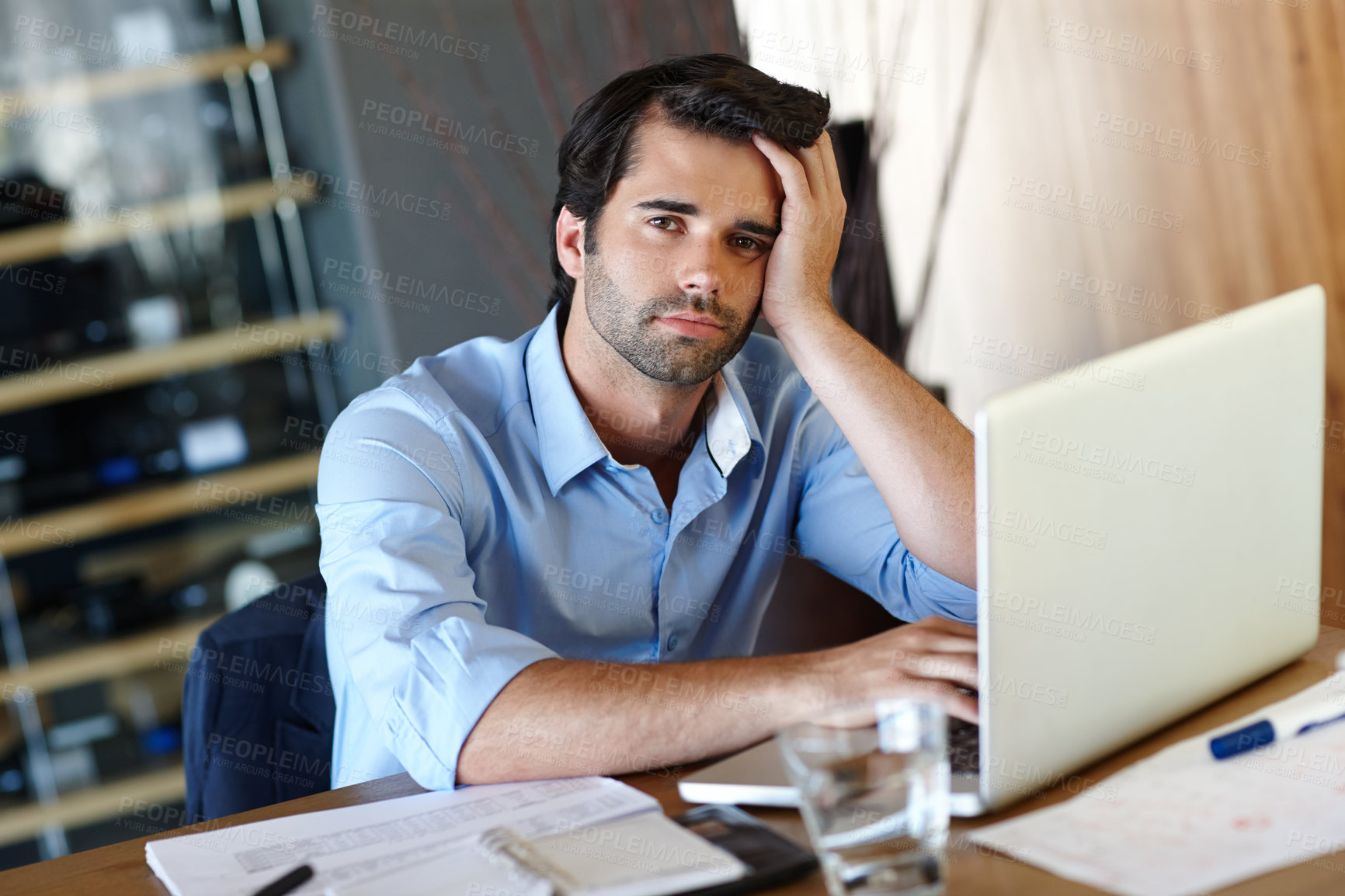 Buy stock photo Burnout, laptop and portrait of business man at desk in office with pressure of project deadline. Bankruptcy, debt or finance and accountant with depression working on computer for audit or tax