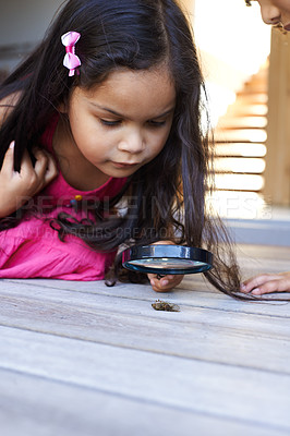 Buy stock photo Cropped shot of a cute little girl inspecting an insect with a magnifying glass