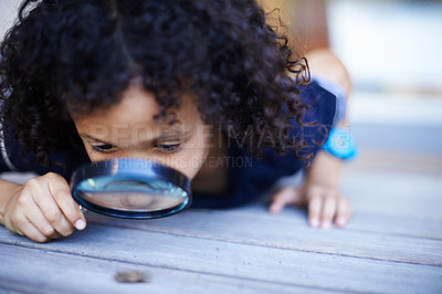 Buy stock photo Cropped shot of a cute little boy inspecting an insect with a magnifying glass
