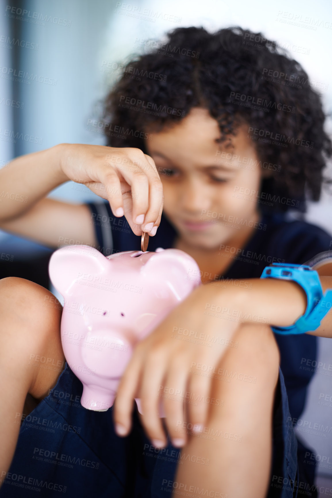 Buy stock photo Boy, child and piggy bank with coin in home for saving, investment and learning to plan with money. Kid, animal container and box for cash, education and future for financial freedom in family house