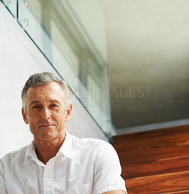 Buy stock photo Man, retirement and house with smile for happiness, relax or. calm on staircase. Male pensioner, portrait and home with joy and wrinkles for wellness, senior person with mission or goal for life