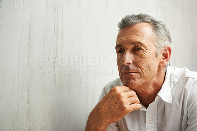 Buy stock photo Senior man, hand and thinking in home for decision, choice or idea on retirement and pension. Male person, thought and wonder in house contemplating for memories, reflection and moment alone