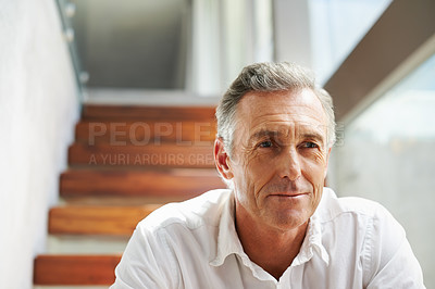 Buy stock photo Thinking, steps and man in retirement at home with memories and sitting. Memory, relax and mature male person in a household alone with ideas and day dreaming about future and past in a house