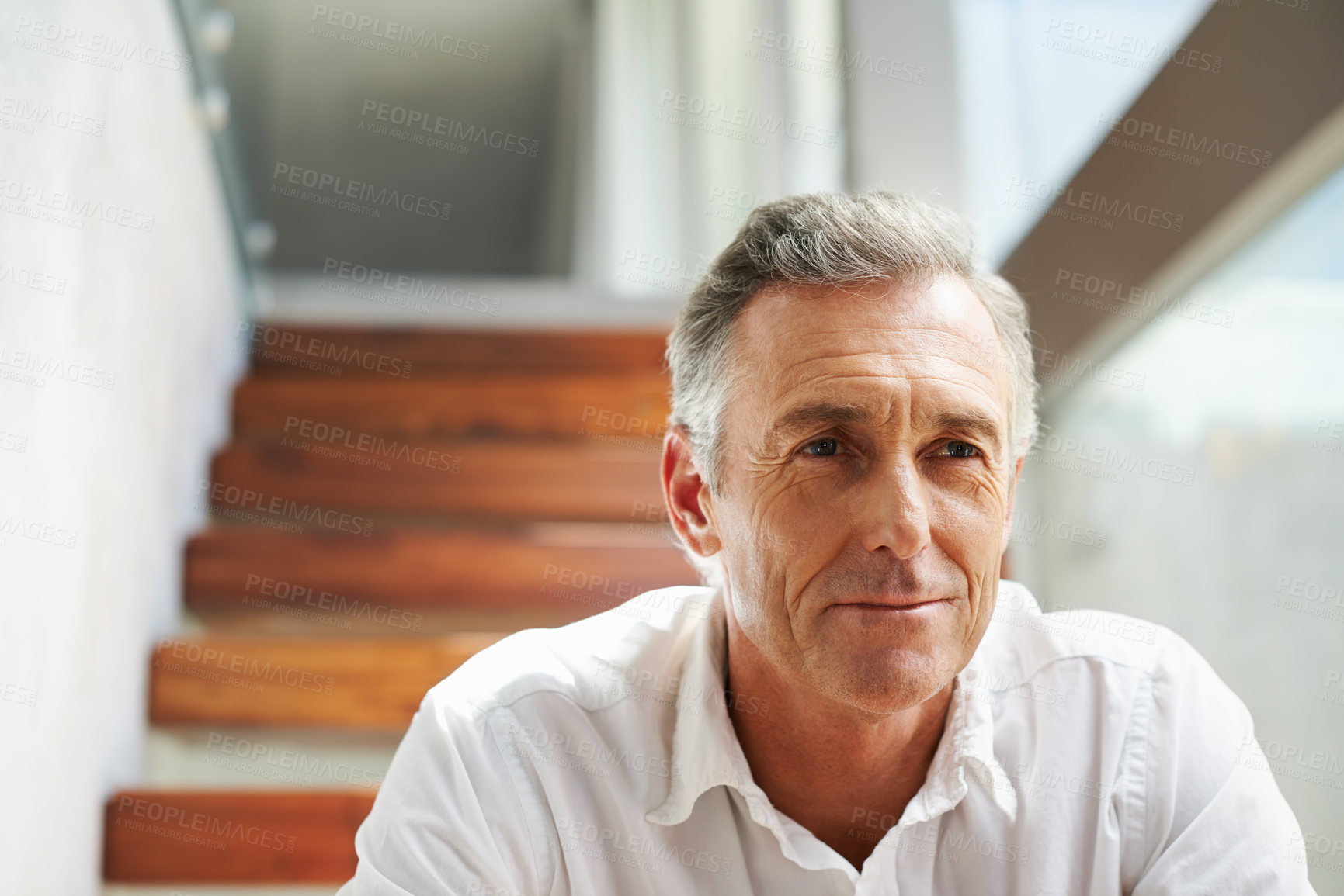 Buy stock photo Thinking, steps and man in retirement at home with memories and sitting. Memory, relax and mature male person in a household alone with ideas and day dreaming about future and past in a house