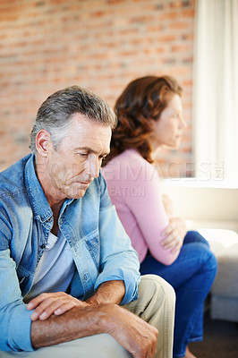 Buy stock photo Marriage, conflict and mature couple with stress in fight, angry partner and thinking of divorce. Cheating, home and people with problem in relationship or bad communication in mental health crisis