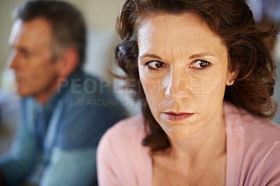 Buy stock photo Marriage, stress and mature woman in conflict with angry partner and thinking of divorce. Cheating, affair and couple with problem in relationship or communication of anxiety in mental health crisis