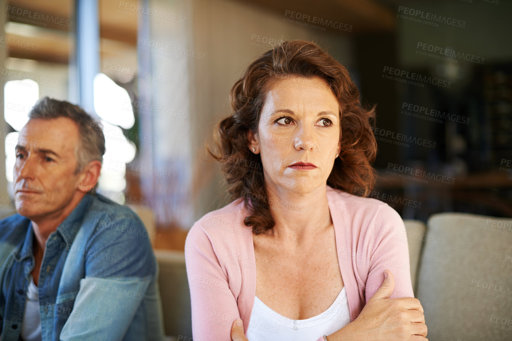 Buy stock photo Marriage, conflict and mature woman in fight with stress, angry partner and thinking of divorce. Cheating, affair and couple with problem in relationship or bad communication in mental health crisis