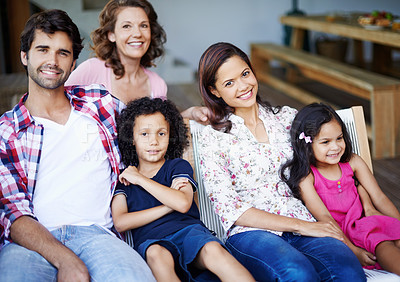 Buy stock photo Family, relax and portrait on couch together for love, bonding and security in home for connection. People, generations and support for happiness on weekend, smile and care in relationship in lounge