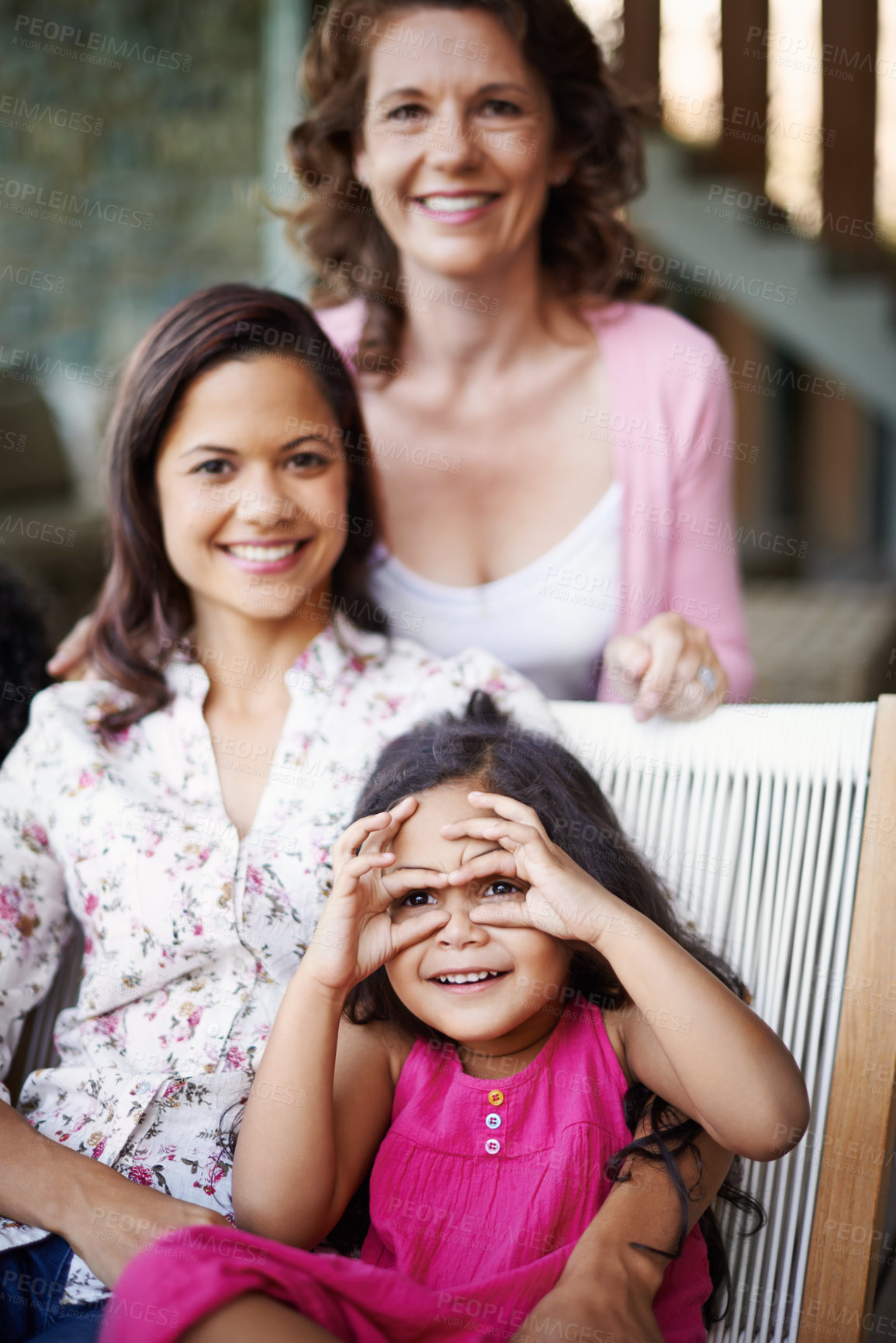 Buy stock photo Portrait, happy kid and grandmother with mom in home for care, support or people bonding together to relax. Face, mother and grandma with girl child play for love, connection or family relationship