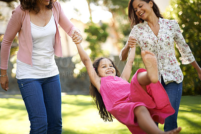 Buy stock photo Grandmother, mom or girl in park to swing with love, care or wellness outdoors for bonding together. Holding hands, family or happy daughter in nature to play with grandma, child or smile with parent
